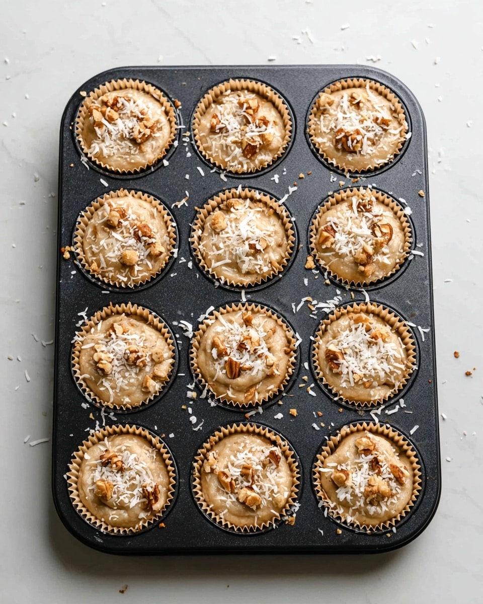 A black metal muffin tray holds twelve unbaked muffins each lined with light brown paper cups. The muffin batter is a light beige color with a smooth, slightly lumpy texture. Each muffin is topped with small pieces of golden brown nuts and white shredded coconut scattered unevenly across the surface. The tray sits on a white marbled surface with small crumbs around it. photo taken with an iphone --ar 4:5 --v 7