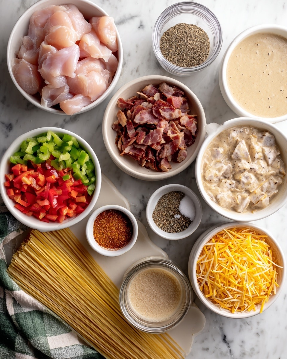 The image shows several white bowls arranged on a white marble surface, each filled with different ingredients. One bowl holds raw chicken pieces with a smooth pink surface. There are small bowls containing diced red bell pepper, green bell pepper, and chopped onion, all with distinct colors and textures. A bowl with cooked chopped bacon has a dark reddish-brown crispy texture. Another bowl has a pale creamy liquid labeled as cream of chicken soup, and nearby is a bowl with cream of mushroom soup, which is a similar creamy light color. Small containers hold salt, black pepper, and Cajun seasoning with a mix of red and brown. A bowl is filled with dry uncooked spaghetti, golden yellow and long sticks bundled together. The final bowl contains shredded cheddar cheese, bright orange and finely shredded. Part of a green and white checkered cloth is visible at the bottom left corner. photo taken with an iphone --ar 4:5 --v 7