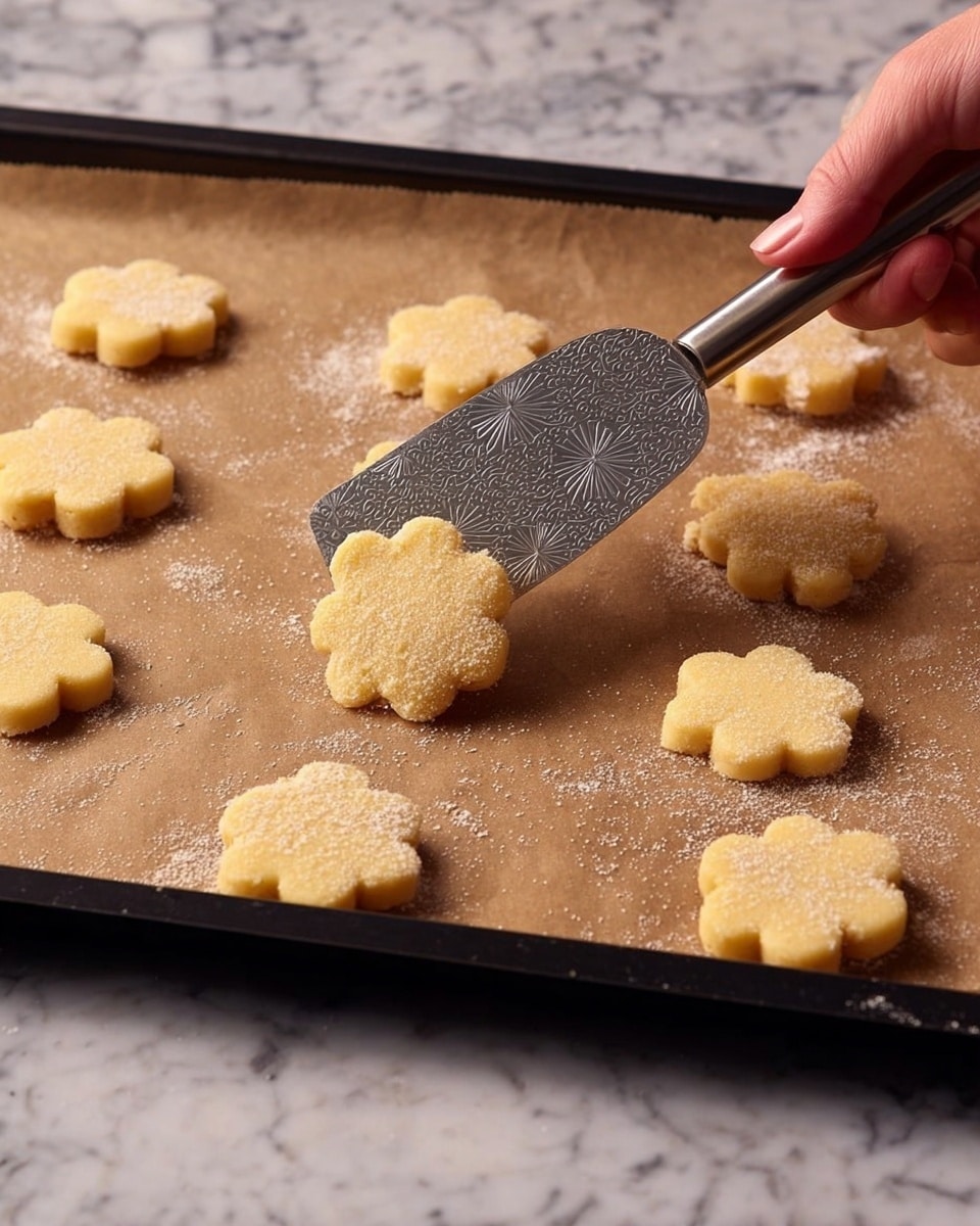 The image shows several small cookie dough pieces shaped like flowers, arranged in two rows on a sheet of brown parchment paper that covers a black baking tray. Each dough flower is light yellow with a slightly rough sugar texture on top. A woman's hand holding a metal spatula with an engraved pattern is lifting one of the flower-shaped dough pieces. The tray is on a white marbled surface sprinkled with flour and more flower-shaped dough pieces nearby. Photo taken with an iphone --ar 4:5 --v 7