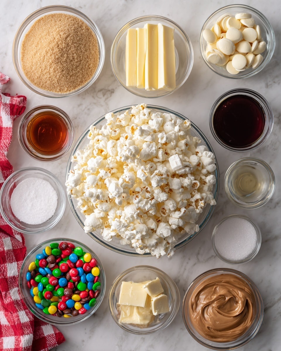 The image shows a top view of a white marbled surface with ingredients arranged neatly in clear glass bowls and sticks. In the center, there is a large bowl filled with white and fluffy popcorn. Around it, starting from the top left, there is a small bowl filled with light brown packed brown sugar, and above it, three sticks of pale yellow butter. To the right, a small bowl of dark brown vanilla extract is placed next to two small bowls containing white baking soda and salt powders. Below, there is a small bowl of clear corn syrup, a bowl filled with colorful peanut butter M&M's, a bowl of smooth light brown peanut butter, and a bowl with creamy white chocolate discs. A red and white checkered cloth is partially visible on the left side. No hands are shown. Photo taken with an iphone --ar 4:5 --v 7