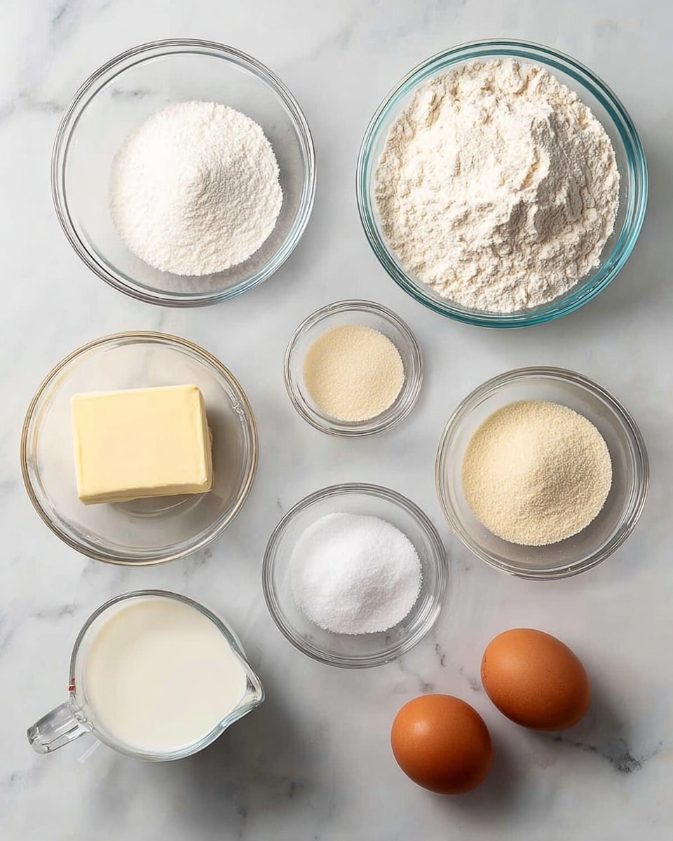 The image shows ingredients arranged neatly on a white marbled surface. There are seven clear glass bowls and containers with different ingredients: a large bowl filled with fine white flour on the top right; a medium bowl with a pale yellow stick of butter below it; a small bowl with white granulated sugar at the top left; a small bowl with light beige instant yeast next to the sugar; a small bowl with coarse kosher salt below the yeast; a small measuring cup with white milk at the bottom left; and two brown eggs placed side by side at the bottom right. Each ingredient is labeled with simple black text above or near it, creating a clean and organized look. Photo taken with an iphone --ar 4:5 --v 7
