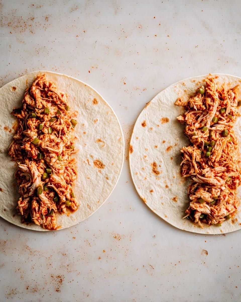 Two round white tortillas lie flat on a white marbled surface, each with a layer of mixed filling spread across the bottom half. The filling is a mix of shredded, reddish-brown and light tan ingredients, combined with small pieces of green herbs or vegetables, giving a textured and slightly chunky look. The tortillas show light brown spots and soft wrinkles, with the filling clearly visible in uneven layers resting on them. The scene is brightly lit, showing the different textures and colors of the filling and the smooth tortillas photo taken with an iphone --ar 4:5 --v 7