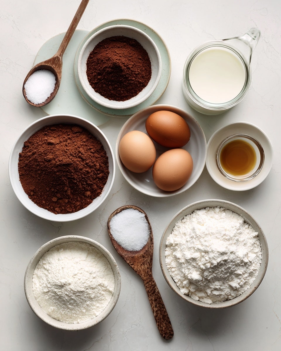 A flat lay image shows nine small white bowls and one wooden spoon on a white marbled surface. Each bowl contains a different baking ingredient: one bowl with dark brown cocoa powder, another with light brown vanilla extract, a third holding two brown eggs, and a fourth filled with white granulated sugar. There is a bowl of white all-purpose flour next to a smaller bowl of white baking powder and a tiny bowl of white salt on the wooden spoon. A small bowl holds clear vegetable oil, and a glass holds white milk. Each ingredient is neatly arranged and labeled with black text on a white background above the container. The scene is bright and clean, photo taken with an iphone --ar 4:5 --v 7