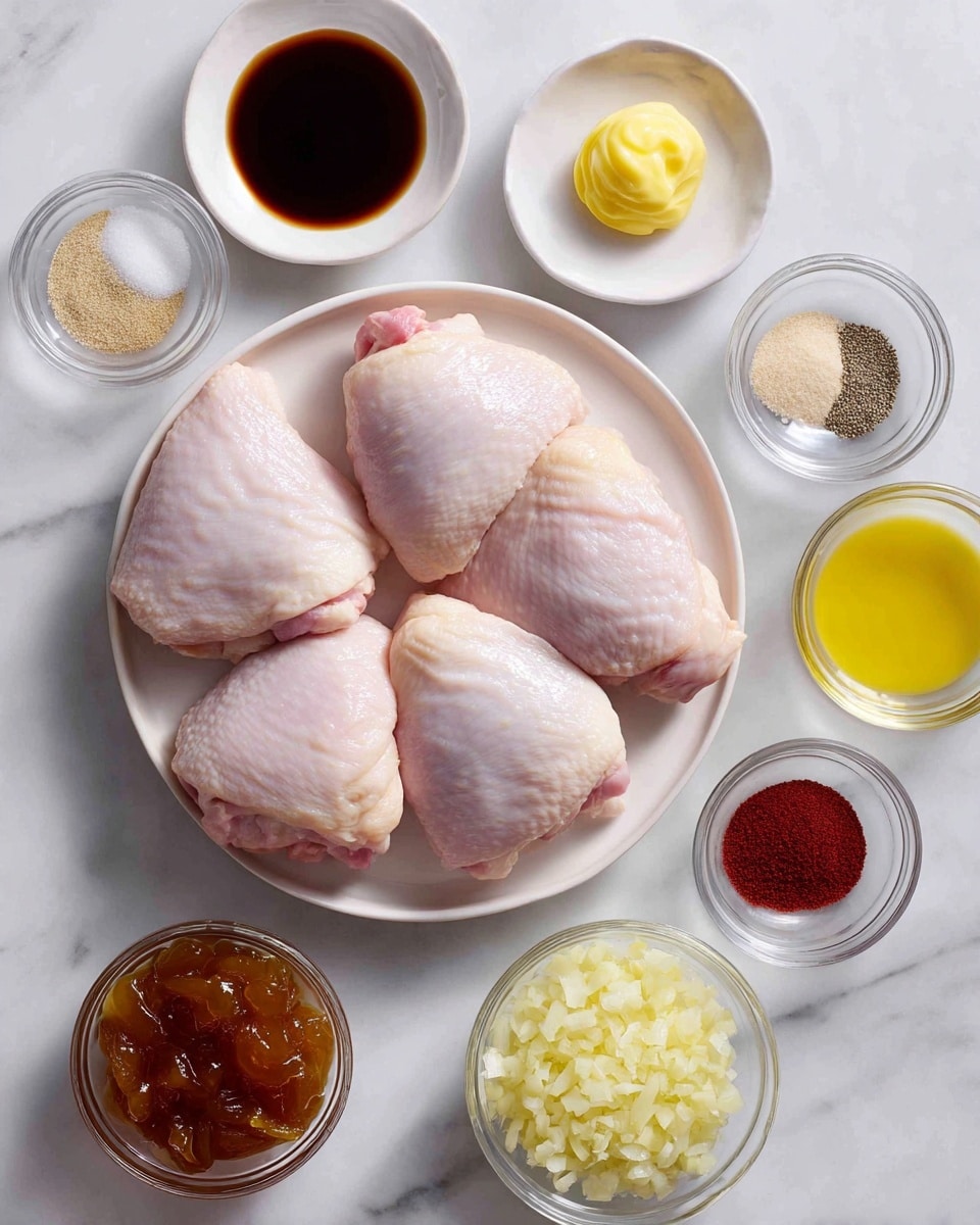 The image shows a white round plate in the center holding five raw chicken thighs with pale pink skin and smooth texture. Around the plate, there are several small clear glass bowls and white dishes, each containing different ingredients: finely chopped yellow onion in a medium bowl at the lower right, a bright yellow dollop of Dijon mustard in a small bowl above it, a small dish with minced garlic that is off-white and slightly chunky, and two small glass bowls filled with dark brown soy sauce and Worcestershire sauce next to each other. Nearby are small white dishes holding smoky red paprika, ground ginger with beige powder, a small mix of salt and black pepper, and a white bowl with golden olive oil. At the bottom left, a round clear bowl contains shiny, deep orange apricot preserves with a thick consistency. All these items sit on a white marbled surface. The whole scene is lit evenly, with a clear view of textures for each ingredient. Photo taken with an iphone --ar 4:5 --v 7