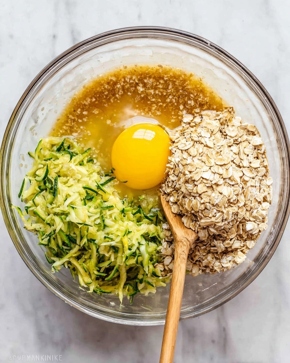 A clear glass bowl placed on a white marbled surface holds separate layers of ingredients: on the left, a raw egg yolk surrounded by sticky, light beige honey; on the upper right, a heap of fresh, bright green shredded zucchini with a moist texture; to the right and bottom right, a mound of dry, light brown rolled oats with a rough texture; and a wooden spoon with a smooth light brown handle resting inside the bowl touching the oats and honey. Photo taken with an iphone --ar 4:5 --v 7
