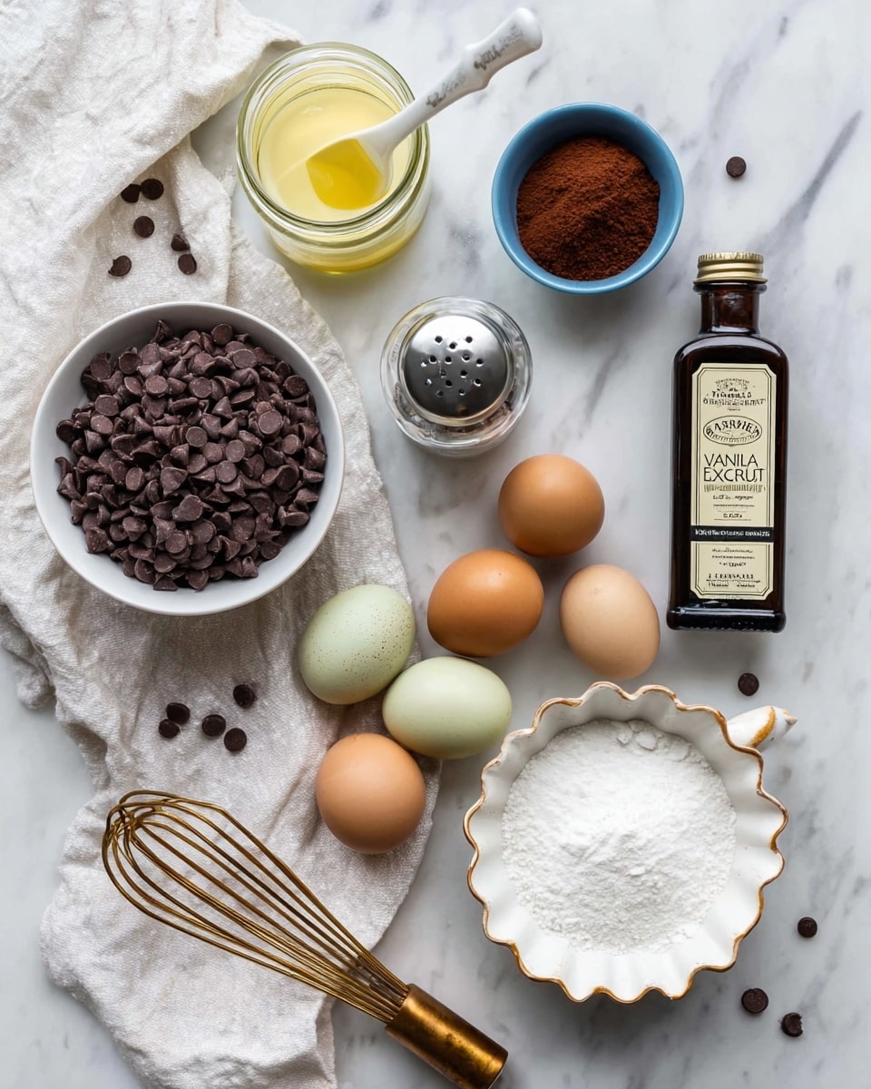 The image shows baking ingredients neatly arranged on a white marbled surface. Starting from the left, there is a cluster of dark brown chocolate chips scattered near a white bowl full of more chocolate chips, sitting on a crumpled white cloth. Above that, a glass jar with a white spoon inside contains a light yellow liquid. Next to it is a clear glass salt shaker with a silver top. To the right is a small blue bowl filled with finely powdered cocoa, and beside it, a dark brown bottle labeled