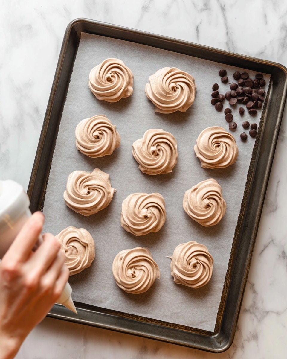 The image shows a baking tray lined with parchment paper on a white marbled surface, with eight swirled meringue shapes evenly spaced on it. Each meringue is light brown with a smooth, fluffy texture and a circular layered swirl pattern, resembling soft rose shapes. A woman's hand is visible at the bottom left corner, holding a piping bag that is piping out the last meringue onto the parchment paper. To the right of the tray, scattered chocolate chips rest on the white marbled surface, adding small dark brown contrast spots. The tray is dark metal, rectangular, with tall edges. photo taken with an iphone --ar 4:5 --v 7