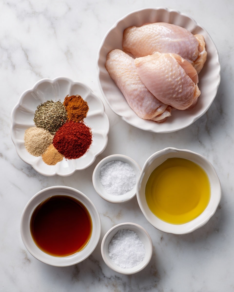 The image shows five small white bowls on a white marbled surface, each holding different cooking ingredients. The largest bowl on the top right contains two raw chicken pieces with a pale pink color and smooth texture. Below to the left, a white bowl with a scalloped edge holds a mix of six spices arranged in small piles with various colors: red, brown, beige, and green. In the middle below the spices, a tiny bowl contains white salt. On the bottom left, a white bowl is filled with dark amber maple syrup, shiny and smooth. On the bottom right, another white bowl holds clear olive oil with a light yellow tint and slight shine. Each bowl is labeled with black text above or beside it. Photo taken with an iphone --ar 4:5 --v 7
