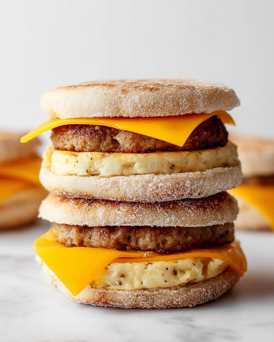 The image shows two stacked breakfast sandwiches with three main layers in each. The bottom and top layers are light brown English muffins with a slightly rough texture and sugar dusting. Inside, the bottom layer is a thick, pale yellow egg patty with small black pepper specks, topped by a browned sausage patty with a slightly shiny, cooked surface. Above the sausage is a thin, bright orange slice of cheddar cheese, smooth and glossy, slightly melting over the sausage. The sandwiches are placed on a white marbled surface with a clean, bright background. photo taken with an iphone --ar 4:5 --v 7