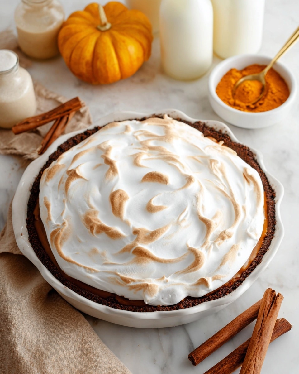 A white dish holds a pie with two layers visible: the bottom layer is dark brown with a rough texture forming the crust and edges around the pie, while the top layer is a thick, fluffy white meringue with smooth, swirled peaks that are lightly browned in spots, giving a toasted look. The pie is placed on a white marbled surface. Around the dish, there is a small orange pumpkin, a white bowl filled with orange powder, two cinnamon sticks, a gold spoon, and two glass bottles filled with a light cream liquid. A beige cloth is partially visible in the bottom left corner. Photo taken with an iphone --ar 4:5 --v 7