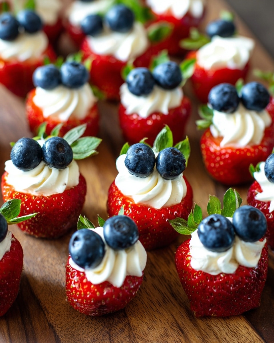 The image shows many red strawberry halves arranged on a wooden surface. Each strawberry half is topped with a thick layer of white cream, with three dark blue blueberries placed in a line on top of the cream. The green leaves of some strawberries are still attached and visible, adding a fresh touch to the arrangement. The strawberries and blueberries have a glossy, fresh look, and the cream looks smooth and swirled. photo taken with an iphone --ar 4:5 --v 7