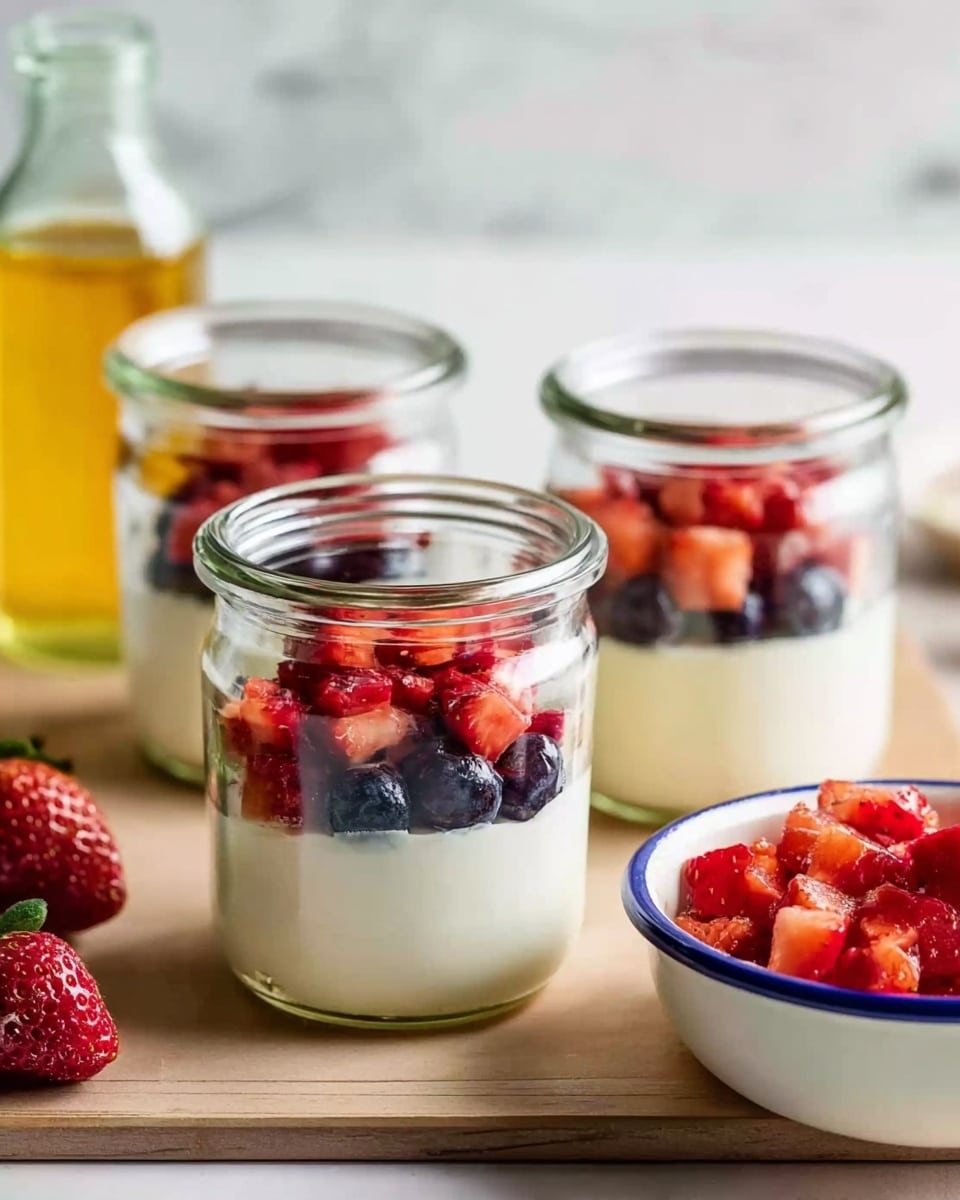The image shows three clear glass jars with two layers each, placed on a light wooden surface with a white marbled background. The bottom layer in each jar is a smooth, creamy white substance, and the top layer is a mix of chopped red strawberries and whole dark blue blueberries. To the right side of the jars, there is a white bowl with a blue rim filled with more chopped red strawberries. On the left side of the jars, there is a small clear glass bottle with a yellow liquid inside. The photo taken with an iphone --ar 4:5 --v 7
