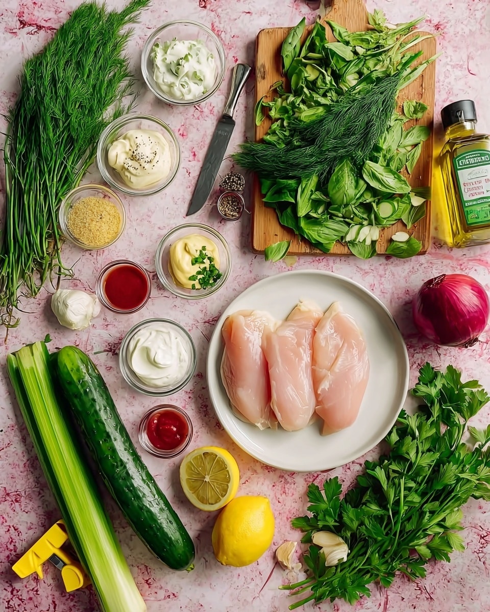 The image shows fresh ingredients spread on a white marbled texture surface, arranged neatly. In the bottom right, three raw pale pink chicken fillets rest on a white plate. Above the plate, a wooden cutting board holds bunches of green dill, basil, and chives with a knife to the right. To the left of the board, small glass bowls contain creamy white sour cream, mustard, mayonnaise, salt, pepper, and red sauce. Below, there is a long dark green cucumber, fresh celery stalks, parsley, and a lemon with two halves beside a yellow lemon squeezer. To the bottom right corner is a red onion. An olive oil bottle sits in the upper right corner. The arrangement is bright and colorful with a mix of fresh herbs, condiments, and vegetables. photo taken with an iphone --ar 4:5 --v 7