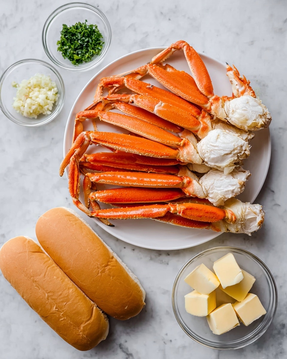 A white plate in the center holds bright orange crab legs with white inner shells visible, arranged in a stacked pile with the claw ends pointing outward and the body parts on top. Around the plate, there are three light brown hot dog buns placed side by side at the bottom. On the left side near the plate, a small clear bowl contains minced garlic, and above it, another white bowl holds chopped green herbs. On the right side, a clear bowl with several cubes of pale yellow butter is placed. All items are set on a white marbled textured surface. photo taken with an iphone --ar 4:5 --v 7
