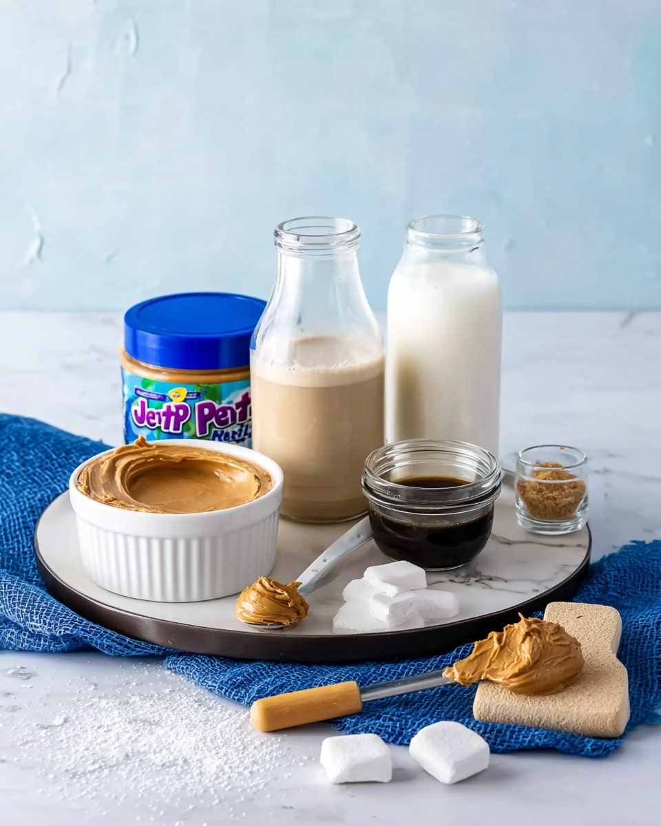 The image shows a white round plate with a dark rim, placed on a blue cloth over a white marbled surface. On the plate, there is a jar of Jet-Puffed marshmallow creme with a blue lid, a glass bottle filled with milk, a small glass container with espresso coffee, and an open glass jar of brown sugar with a small wooden spoon inside. Outside the plate on the white marbled surface, there is a white ramekin full of peanut butter, a spoon with peanut butter on it, and a small wooden-handled kitchen tool with a marshmallow on the end. The background is a simple light blue wall. photo taken with an iphone --ar 4:5 --v 7