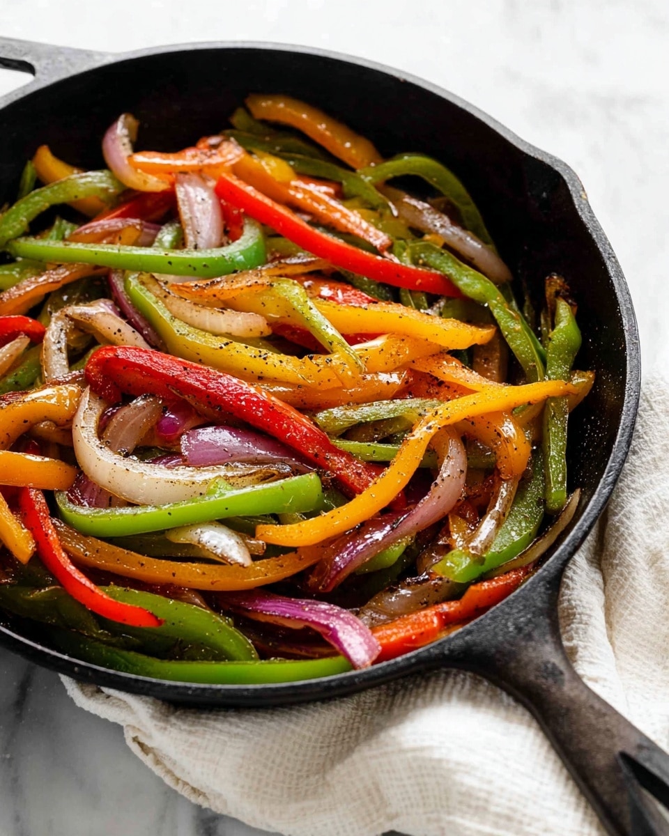 A close-up view of a black cast iron skillet filled with cooked bell peppers and onions. The vegetables are sliced into long, thin strips, with three visible colors of bell peppers—green, red, and yellow—and white and purple onions mixed throughout. The vegetables have a shiny, cooked texture with slight browning and some black pepper sprinkled on top. The skillet is placed on a white marbled surface, and a white cloth is casually placed beneath the skillet's handle. The lighting highlights the glossy, vibrant colors of the vegetables, making them look fresh and appetizing. photo taken with an iphone --ar 4:5 --v 7