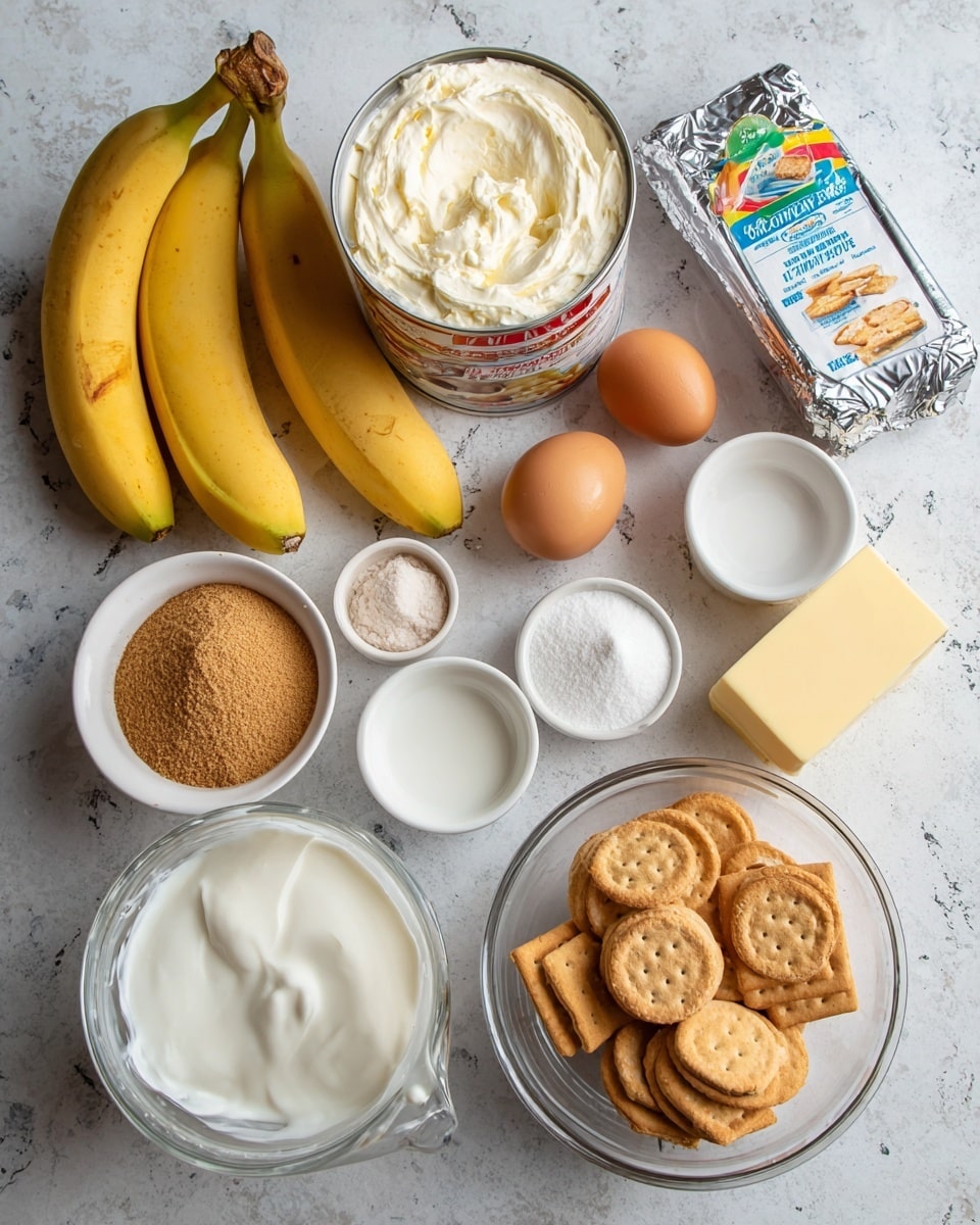 The image shows a collection of ingredients neatly arranged on a white marbled surface. There are two ripe yellow bananas with light brown spots, a round container of creamy white mascarpone cheese with a colorful label, and a compact block of silver-wrapped cream cheese. Nearby, an open can reveals thick, pale condensed milk. Two brown eggs rest side by side near a small white bowl of gelatin powder and another white bowl with fine white powdered sugar. Light brown brown sugar sits in a small white bowl next to a stick of yellow salted butter. A transparent glass bowl holds a mix of round vanilla wafers and square graham crackers with golden brown coloring. A clear measuring cup is filled with white heavy cream, and several small white bowls contain vanilla extract, water, and a bit of salt. The whole setup has a bright and clean look, ready for baking or cooking. photo taken with an iphone --ar 4:5 --v 7