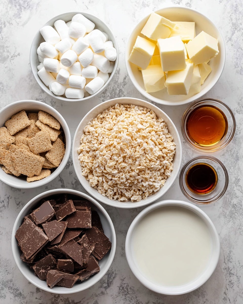 The image shows six white bowls on a white marbled surface, each filled with different ingredients. The top left bowl has many small, white marshmallows with a soft, fluffy texture. To its right, there is a bowl containing several yellowish cubes of butter with a smooth surface. Below the marshmallows bowl is a large bowl filled with light tan, crispy rice cereal pieces that look crunchy. To the right of the cereal is a small clear bowl with a dark amber liquid, likely vanilla extract. Below the cereal is a bowl filled with smooth, creamy white condensed milk. Next to this is another white bowl containing broken pieces of light brown graham crackers with a rough texture. On the left side at the bottom is a bowl of dark brown chopped chocolate pieces with shiny, sharp edges. The bowls are arranged close together, showcasing a mix of soft, crunchy, and smooth textures. photo taken with an iphone --ar 4:5 --v 7
