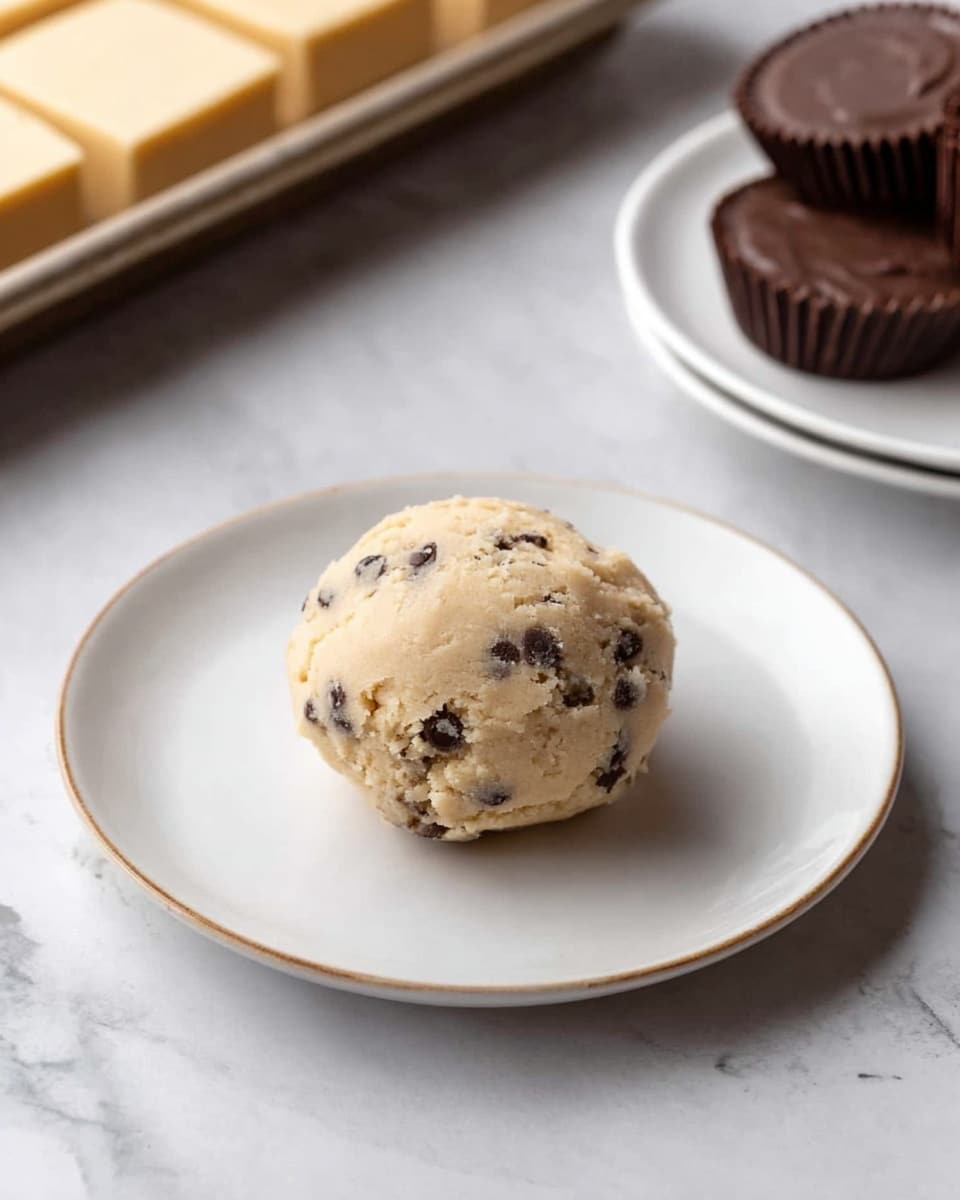 On a white plate placed on a white marbled surface, there is a single round cookie dough ball with visible dark chocolate chips spread throughout its light beige dough. The dough has a slightly rough and lumpy texture. In the background, on the left side, there is a tray with several square light beige pieces of dough, and on the right side, a white plate holds two chocolate cups wrapped in brown paper liners. Photo taken with an iphone --ar 4:5 --v 7