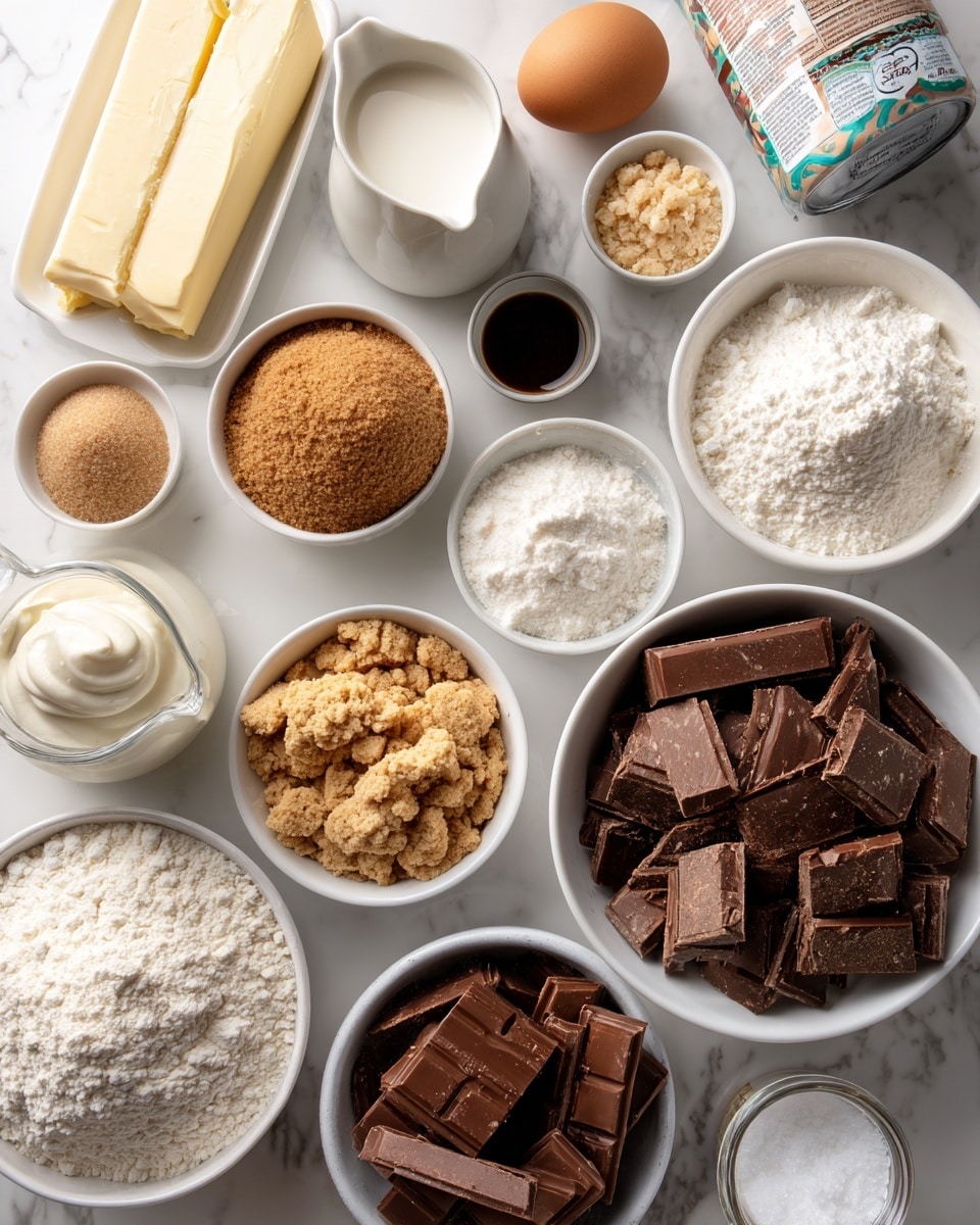 The image shows an overhead view of various white bowls and containers set on a white marbled surface, each holding a different baking ingredient placed neatly in a loose grid pattern. There are two sticks of butter wrapped in paper, a half-full small glass pitcher with light cream, a brown egg, and a small dark bottle of vanilla extract nearby. The white bowls contain light brown brown sugar, fine powdered white confectioners’ sugar, fine off-white all-purpose flour, toasted golden graham cracker crumbs, white baking powder, white baking soda, and a warm brown cinnamon powder. A larger white bowl holds broken dark brown pieces of chocolate. A white jar of marshmallow creme with a colorful label is next to these. Another glass measuring cup is filled with buttermilk, and a small white container with coarse white salt is included in the layout. All items are clearly labeled with black text on white tags. photo taken with an iphone --ar 4:5 --v 7