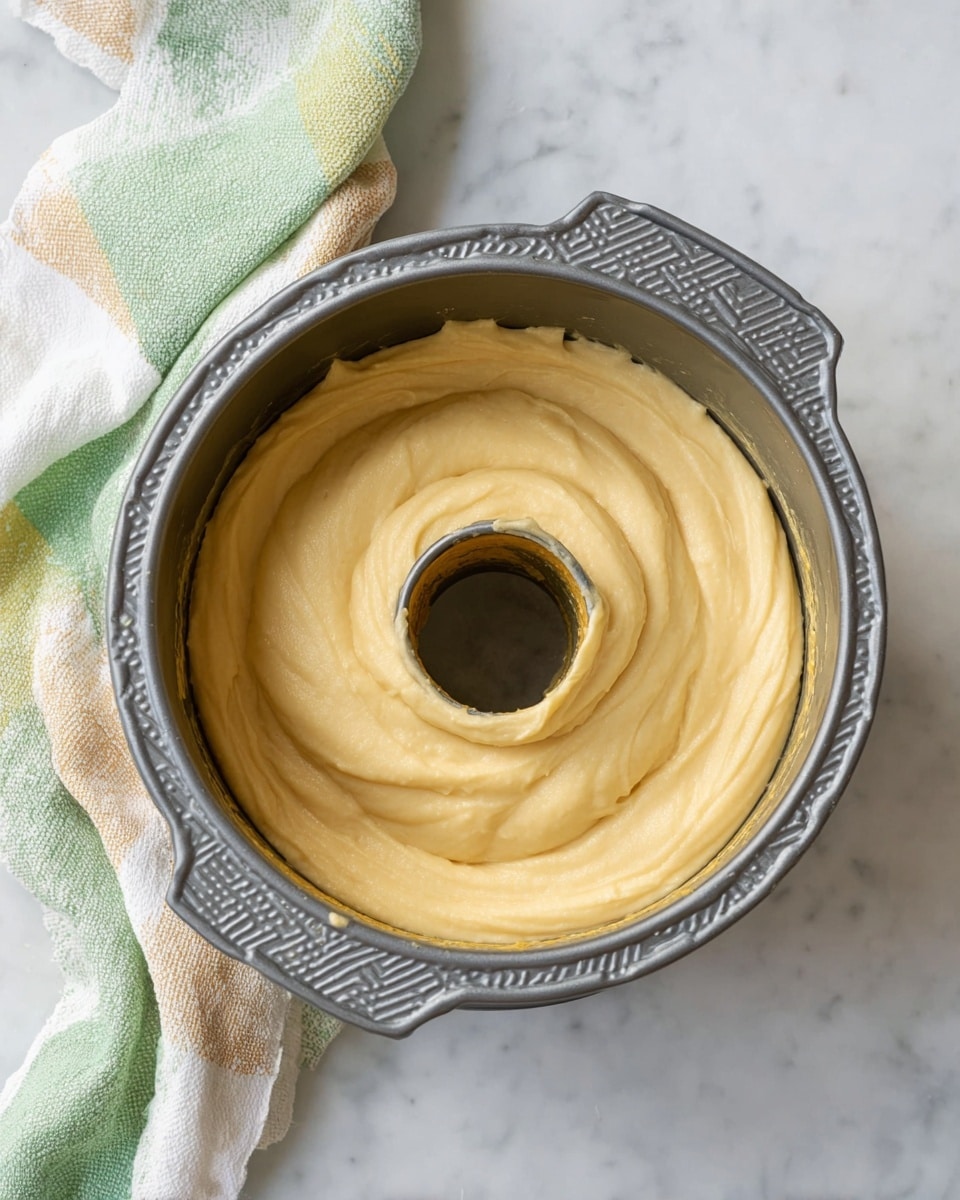 A round bundt cake pan filled with smooth, creamy light yellow batter, spread evenly inside the pan. The pan is gray with a textured handle design and is placed on a white marbled surface. A soft cloth with green, white, and beige patches lies nearby. The batter has a thick, velvety texture with slight swirls on the top layer, and the center hole of the bundt pan is clearly visible. photo taken with an iphone --ar 4:5 --v 7