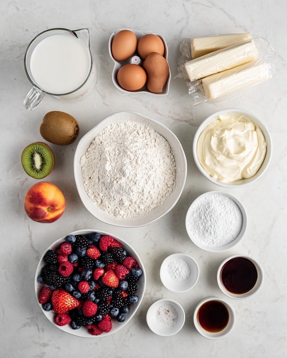 The image shows various baking ingredients arranged on a white marbled surface. There is a white bowl filled with white flour in the center, next to a white bowl containing three brown eggs. A white measuring cup with milk is placed to the left. Near the bottom, a white bowl holds an assortment of fresh berries including strawberries, raspberries, blueberries, and blackberries, with a few berries scattered outside the bowl. To the right, another white bowl contains white powdered sugar, and above it is a white bowl with a creamy, smooth texture, likely sour cream or yogurt. Beside the bowls are two unpeeled kiwis and a whole peach. Above the fruit, four wrapped sticks of butter are stacked. Small white bowls hold salt and dark brown vanilla extract near the bottom right. The overall look is clean and bright, all items neatly spaced on the white marbled surface photo taken with an iphone --ar 4:5 --v 7