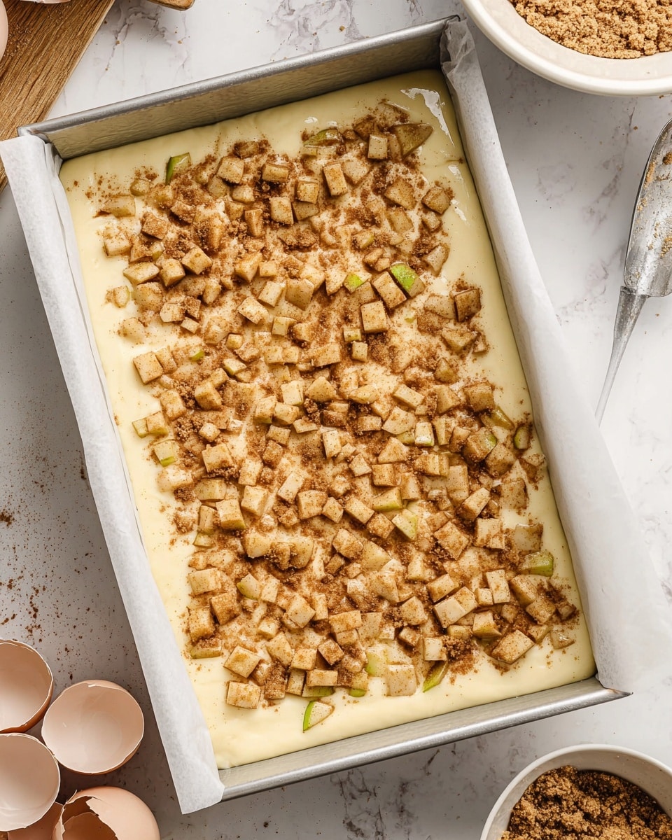 The image shows a rectangular baking pan lined with white parchment paper, filled with two visible layers: the bottom layer is a smooth, creamy pale yellow batter, spread evenly, and the top layer is a scattered mix of small, chopped apple pieces coated with light brown cinnamon, giving a speckled and textured look across the batter. The baking pan sits on a white marbled surface, alongside a white bowl filled with a crumbly mixture and another bowl partially visible. Nearby lie broken eggshells and a spoon, creating a home baking scene. Photo taken with an iphone --ar 4:5 --v 7