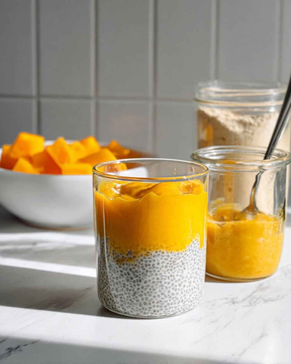 A clear glass holds two visible layers: the bottom layer is white with tiny black chia seeds creating a grainy texture, and the top layer is a bright smooth orange puree that looks thick and creamy. Behind the glass, there is a white marbled surface with a shorter white bowl filled with chunks of orange fruit on the left side. To the right, there is a clear jar containing a light powder and a smaller clear jar with the same orange puree, which has a spoon inside. The background is soft gray tiles. The light is bright and natural, casting shadows on the white marbled surface. photo taken with an iphone --ar 4:5 --v 7