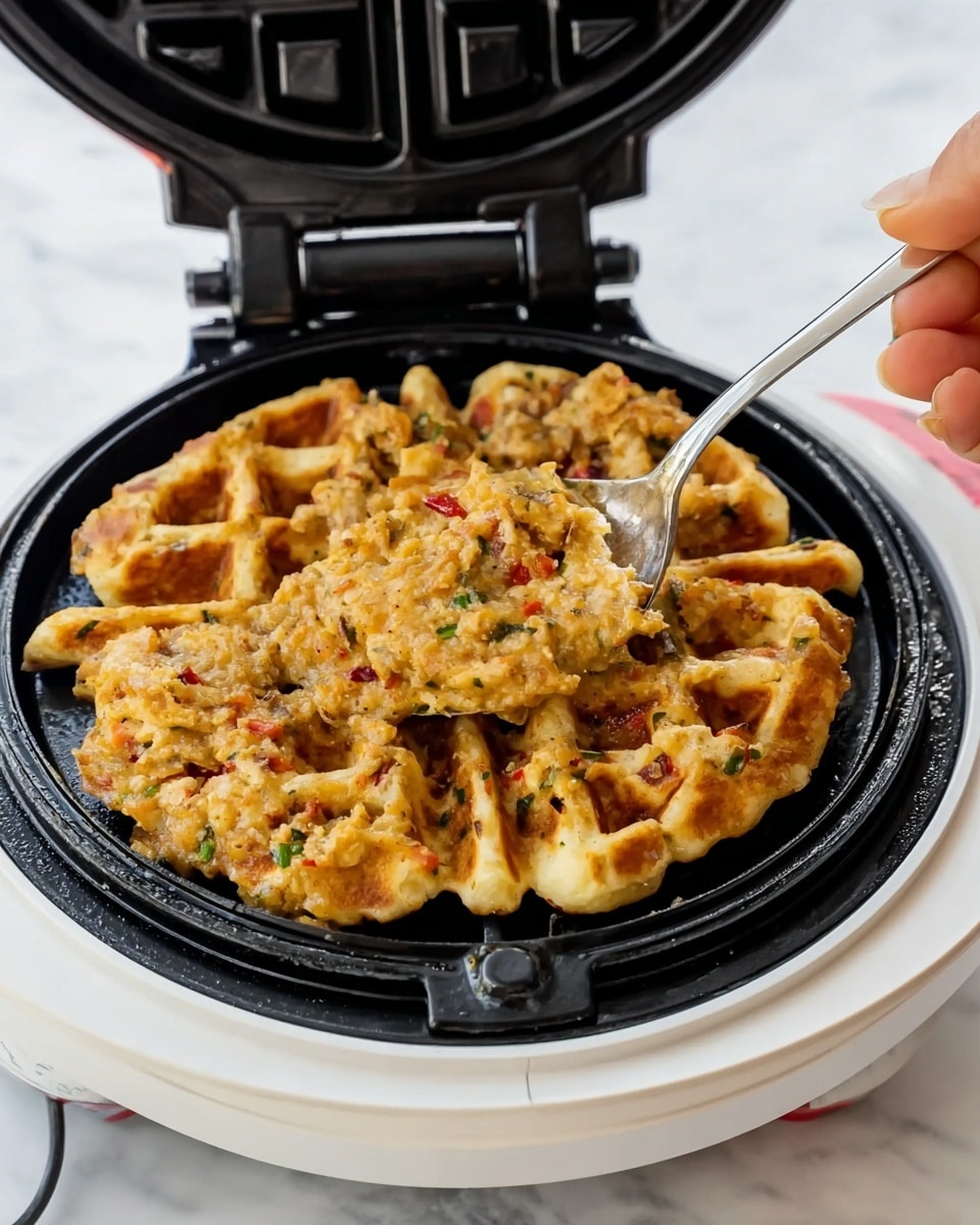 The image shows a close-up of a waffle maker with an open lid, containing a single thick layer of golden-brown cooked mixture with visible small chunks of vegetables or herbs, spread unevenly over the black waffle grid. A woman's hand is holding a spoon, pressing or spreading the mixture inside the waffle maker. The waffle maker's exterior is white, placed on a white marbled surface. The texture of the food looks soft and chunky with some browned parts. photo taken with an iphone --ar 4:5 --v 7