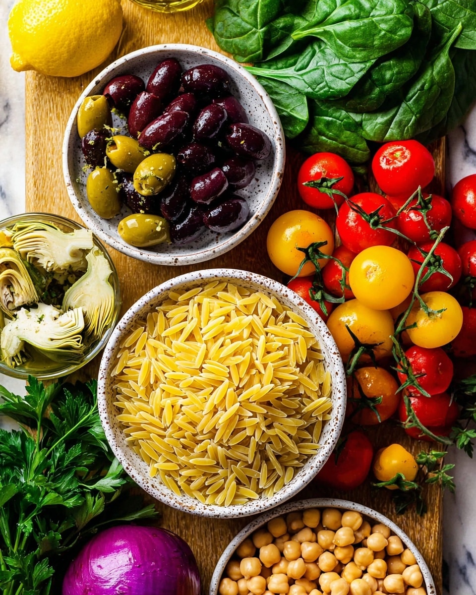 This image shows a close-up of various fresh ingredients on a white marbled surface. In the center bottom is a white speckled bowl full of golden orzo pasta. Above it to the left is another white speckled bowl holding dark purple olives and light yellow artichoke hearts with herbs. Surrounding the bowls are bright green spinach leaves in the top center, red and yellow cherry tomatoes still on green vines to the right, and fresh green basil and parsley leaves on the bottom left. A purple onion, half a lemon, and a bottle filled with yellow chickpeas are also visible, with the whole scene on a warm wooden board partially visible underneath the ingredients. photo taken with an iphone --ar 4:5 --v 7