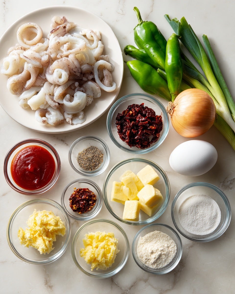 A white round plate at the bottom left holds cleaned cuttlefish or squid with soft, pale beige and light purple tones, showing smooth and slightly curled textures. Around the plate on a white marbled surface, there are several small clear glass bowls: one with several dark red dried red chilies, one with a dark reddish-brown chili paste or chili crisp, one with bright red tomato ketchup, one with pale yellow butter chunks, one with minced light yellow garlic, one with white salt and black pepper side by side, one with white cornstarch, and one with white flour. To the upper right of the plate, a single white egg sits next to a bunch of bright green banana peppers with smooth shiny skin. Above the peppers, there are three green onions with white bases and long green tops, next to a whole round onion with a light brown skin. Photo taken with an iphone --ar 4:5 --v 7