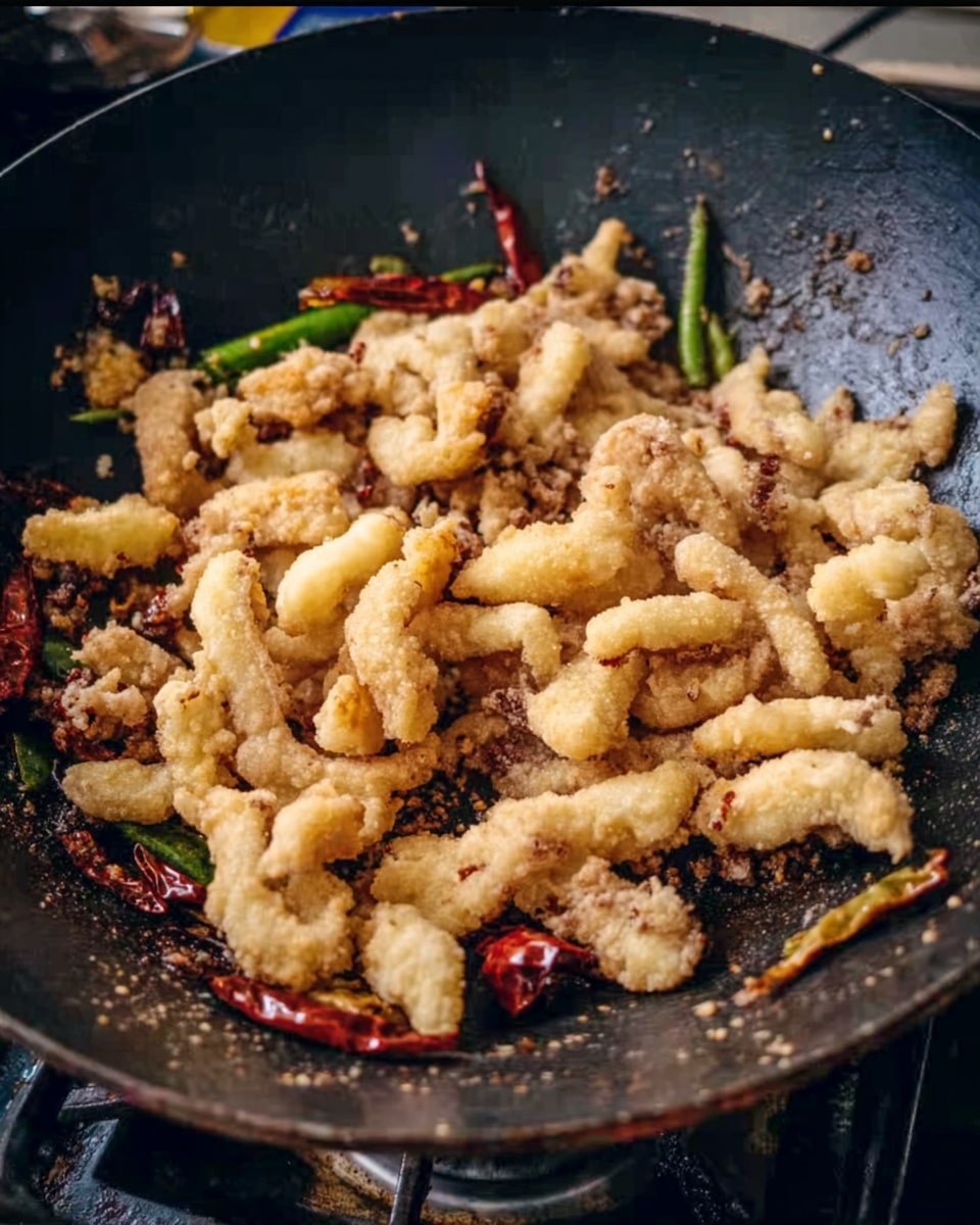 The image shows a large black wok filled with many pieces of light golden fried food, likely small strips of chicken or a similar ingredient, with a crispy texture. Underneath the fried pieces, there are visible green chili slices and some dried red chili peppers scattered around, adding color contrast. The wok sits on a stove, with bits of seasoning and small food particles stuck to the sides. The overall look is a mix of crunchy pale beige and earthy green and red colors. The photo was taken with an iphone --ar 4:5 --v 7