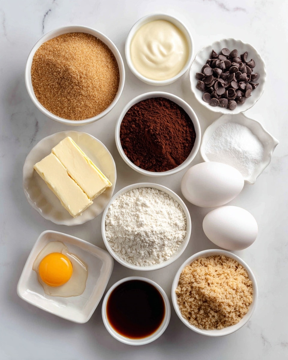 The image shows small white bowls arranged in a loose circle on a white marbled surface. Each bowl contains a different baking ingredient: light brown granulated sugar with a fine texture, dark brown cocoa powder with a powdery look, creamy off-white condensed milk with a smooth surface, white all-purpose flour with a powdery texture, two raw eggs with clear whites and bright yellow yolks, small dark chocolate chips with a shiny texture, pale off-white butter shaped in a stick on a small square white dish, fine white kosher salt, light brown packed brown sugar with a crumbly texture, and dark amber liquid vanilla extract with a smooth surface. Each ingredient is clearly labeled with black text on white rectangular tags above or near the bowls. Photo taken with an iphone --ar 4:5 --v 7