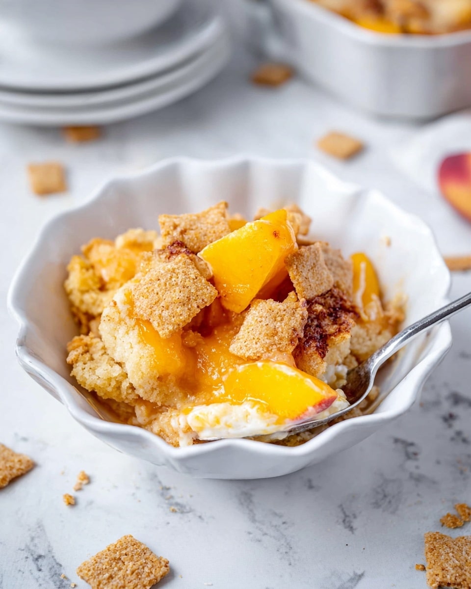 A white bowl with scalloped edges holds a serving of peach cobbler made of three visible layers: soft golden-brown baked crumble with a grainy texture on the bottom, bright orange juicy peach slices in the middle, and a light, fluffy, white layer of biscuit or cake on top. Scattered over the top are small square pieces of lightly browned cinnamon cereal adding a crunchy texture. A silver spoon is resting on the side inside the bowl. The bowl sits on a white marbled surface, with blurred white dishes and scattered cereal pieces in the background. Photo taken with an iphone --ar 4:5 --v 7