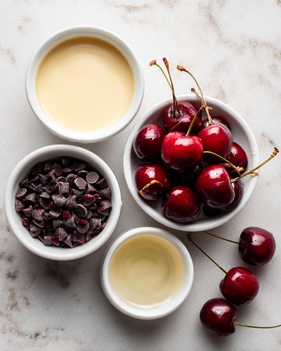 The image shows four small white bowls placed on a white marbled surface, each containing different ingredients. The top bowl holds smooth, pale yellow sweetened condensed milk, while the left bowl is filled with small, dark chocolate chips that have a matte texture. To the right, another bowl contains shiny, deep red canned cherries with bright red stems, and in the bottom bowl, there is clear almond extract, appearing as a small amount of transparent liquid. Two additional dark red cherries with stems lie on the marble surface near the cherry bowl. photo taken with an iphone --ar 4:5 --v 7