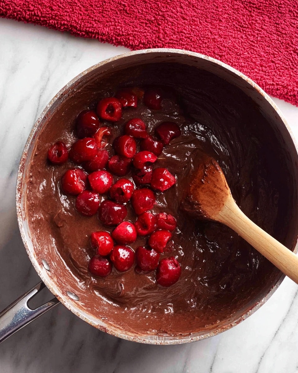 A metal pan filled with thick, dark brown chocolate batter holds bright red chopped cherries placed mainly in the center, some blending into the batter. A wooden spoon rests inside the pan, partially covered in the chocolate mix, with a few cherries near the spoon’s edge. The pan sits on a white marbled surface with a red textured cloth in the upper part of the image. photo taken with an iphone --ar 4:5 --v 7