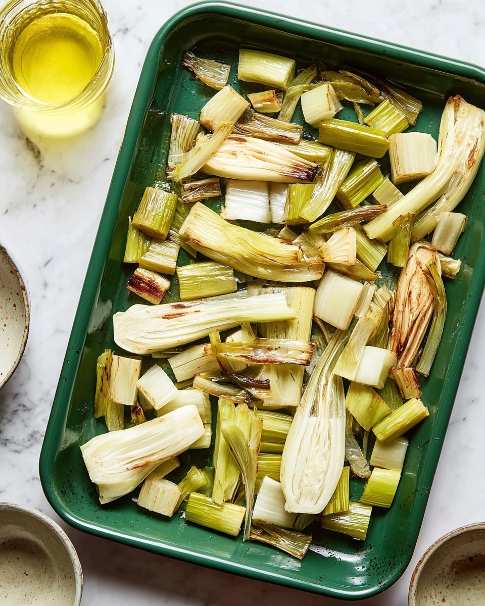 The image shows a baking tray filled with roasted vegetable pieces that are light green to white in color. There are two main layers: larger pieces of fennel with long, smooth, white stalks slightly browned at the edges, and smaller square-cut leek sections that are pale green with some browned char marks. The tray itself is green, placed on a white marbled surface. There is a glass with yellow liquid to the left side of the tray and two small bowls partly visible at the bottom edge of the image. The scene is bright and clean. photo taken with an iphone --ar 4:5 --v 7