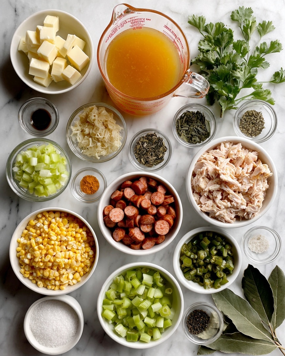 A flat lay of various ingredients arranged neatly on a white marbled surface, each in small white bowls or clear glass containers. At the top center, a clear glass measuring jug holds orange chicken stock. To the right, a bunch of green cilantro leaves lay next to small cubes of pale yellow butter in a glass bowl, and beside that, shredded light brown chicken fills a white bowl. Below, diced reddish-brown andouille sausage pieces fill another white bowl, next to chopped green bell pepper and sliced green okra in separate white bowls. There is also a bowl of diced pale green celery, alongside a bowl filled with yellow corn kernels. On the left side, diced white onion rests in a white bowl, surrounded by small glass bowls of dried thyme leaves, orange garlic granules, salt, and black peppercorns. Near the center bottom, a small bowl contains white flour, and beside it, a small bowl of chopped dark green oregano is visible. Two dark green bay leaves are placed near the bottom left edge. A woman's hand is holding a sprig of fresh green cilantro near the top right corner. Photo taken with an iphone --ar 4:5 --v 7