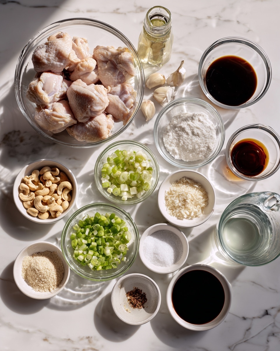 The image shows two side-by-side scenes on a white marbled surface, each holding several small white bowls and a clear glass bowl or measuring cup with various ingredients. On the left side, a large clear bowl filled with small pieces of raw chicken thighs sits near the center, surrounded by smaller white bowls holding light brown cashews, chopped bright green onions, minced white garlic, soy sauce with a dark liquid, clear oil, white sesame seeds, water, corn starch, and rice wine vinegar. On the right side, there is a clear measuring cup with water near the center, surrounded by white bowls with white pepper, white corn starch, more minced garlic, dark brown hoisin sauce, dark soy sauce, and rice wine vinegar. Each ingredient is clearly visible with a mix of white, pale yellow, green, dark brown, and clear liquids. The lighting is bright and natural, emphasizing the textures of the ingredients. Photo taken with an iphone --ar 4:5 --v 7
