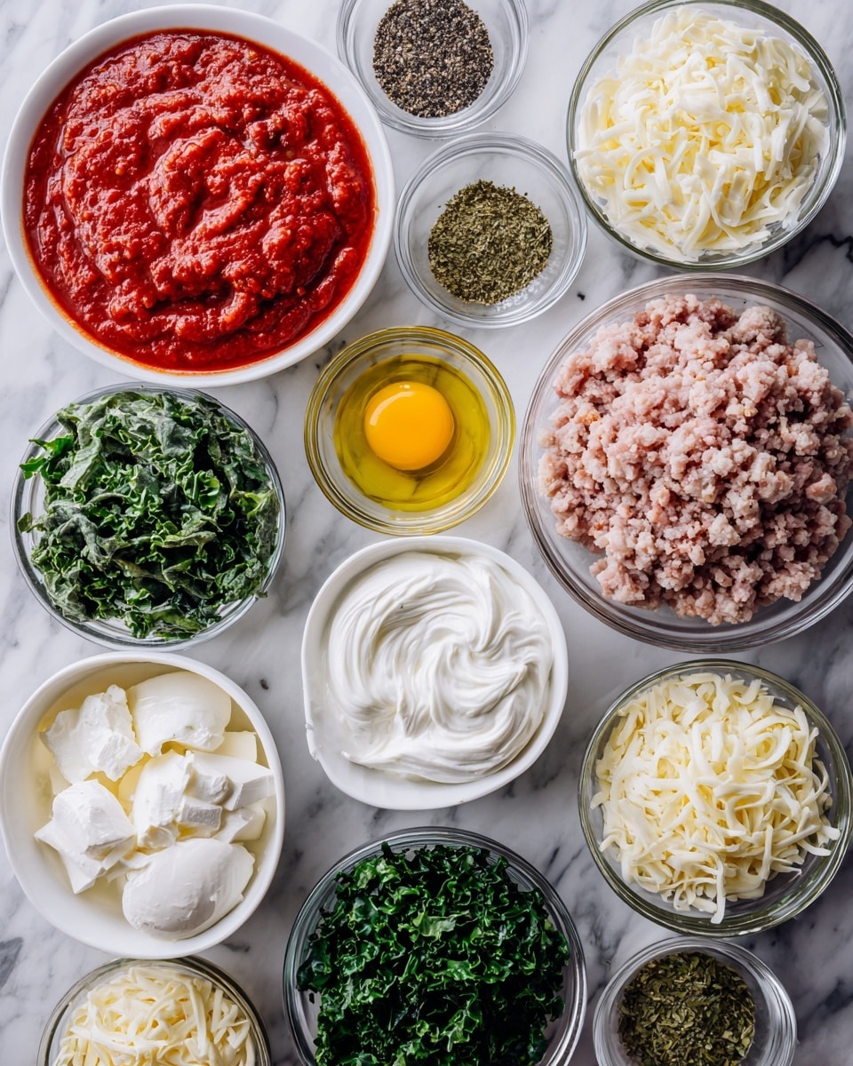 The image shows multiple small white bowls and clear glass bowls filled with different cooking ingredients arranged neatly on a white marbled surface. On the left side, there is a white bowl filled with bright red marinara sauce, a clear glass bowl with black pepper, a clear glass bowl with salt, a clear glass bowl with dried green oregano, a clear glass bowl with light yellow oil, a clear glass bowl with minced garlic, a white bowl with light pink ground turkey, a clear glass bowl with finely chopped pink shallot, and a clear glass bowl with chopped fresh green basil. On the right side, there is a white bowl with light orange beaten egg, a white bowl filled with a white creamy ricotta cheese, a white bowl with swirls of off-white mascarpone cheese, a white bowl with shredded white mozzarella, a clear glass bowl with dark green blanched dino kale, a clear glass bowl with white salt, a clear glass bowl with black pepper, and a clear glass bowl filled with light yellow grated parmesan. All bowls are spread out evenly showing a wide range of colors and textures. Photo taken with an iphone --ar 4:5 --v 7