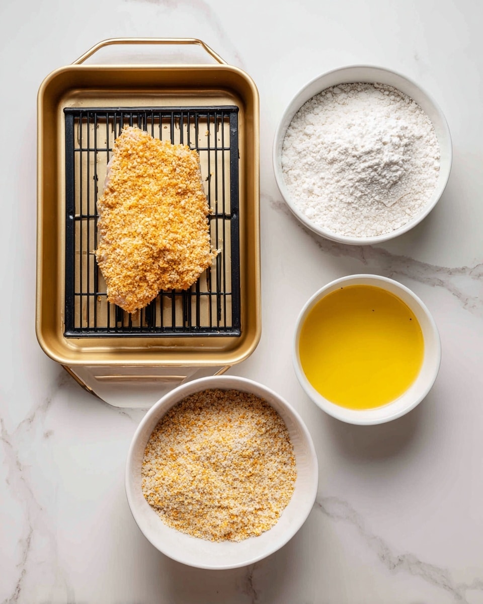 The image shows four white round bowls and a baking tray arranged on a white marbled surface. The baking tray has a wire rack with a breaded piece of food, golden brown and crispy in texture. The closest bowl to the bottom left has a breaded item halfway covered by coarse, crumbly breadcrumbs that are light brown. The bowl to the bottom right contains a smooth mixture of beaten eggs with a bright yellow-orange color. The bowl at the top right is filled with white flour, powdery and textured. The composition suggests a step in the breading process for cooking. Photo taken with an iphone --ar 4:5 --v 7