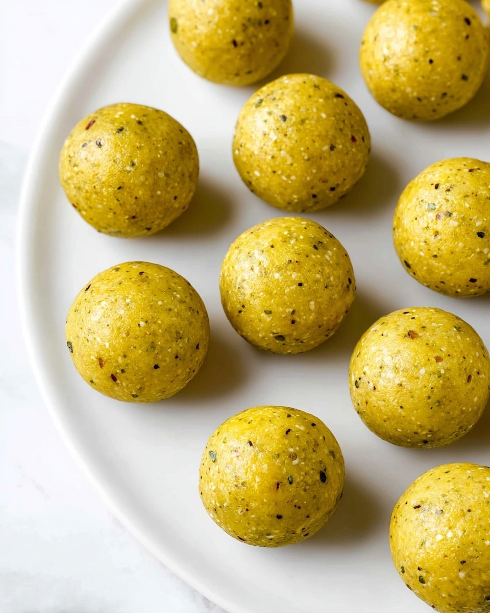 The image shows about fourteen yellowish-green balls arranged on a white plate placed on a white marbled surface. Each ball has a textured surface with visible small bits of black, white, and green, which give a speckled look. The balls are evenly spaced, round in shape, and look slightly moist with a soft matte finish. The focus is clear on each ball, showing a subtle mix of colors and grains within them. Photo taken with an iphone --ar 4:5 --v 7