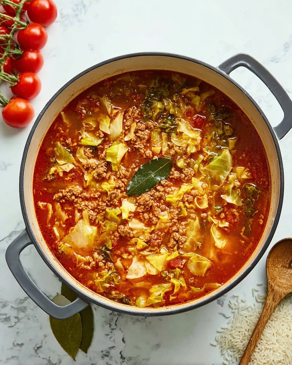 A large gray pot filled with a rich, reddish-orange soup with visible layers of chopped greenish-yellow cabbage pieces floating on top, along with small bits of browned ground meat and tomatoes mixed throughout the thick broth. The soup shows a mix of smooth liquid and chunky vegetable textures, with a single green bay leaf on the surface near the edge. The pot is placed on a white marbled surface with a small bunch of bright red cherry tomatoes attached to stems on the left and a wooden spoon with uncooked rice grains on the right side. Photo taken with an iphone --ar 4:5 --v 7