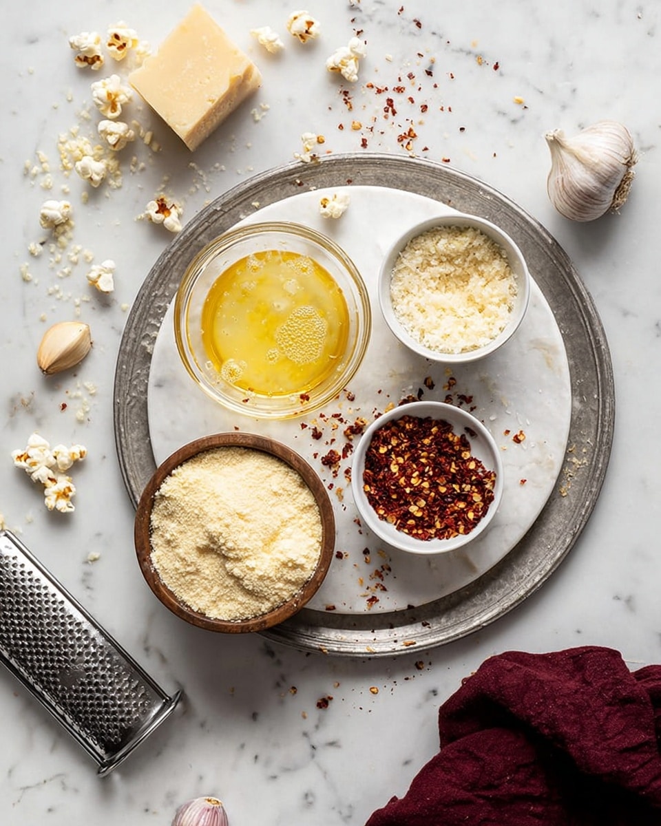 A round silver tray is placed on a white marbled surface, holding a white marble round board at the center. On the board, there is a glass bowl with melted butter showing a yellow liquid layer with some bubbles, a small white bowl with a coarse beige powder, and a larger white bowl filled with red chili flakes with some texture from seeds and flakes. Next to these bowls, there are two peeled garlic cloves and one whole garlic bulb. Outside the board but on the silver tray, there is a wooden bowl filled with a fine, fluffy light beige powder that looks like grated cheese. On the left bottom corner of the image, a metal cheese grater lies on the white marbled surface with a piece of hard cheese and some grated shavings. Scattered popcorn kernels and chili flakes are lightly spread across the tray and surface, with a dark red cloth slightly visible on the bottom right corner. Photo taken with an iphone --ar 4:5 --v 7