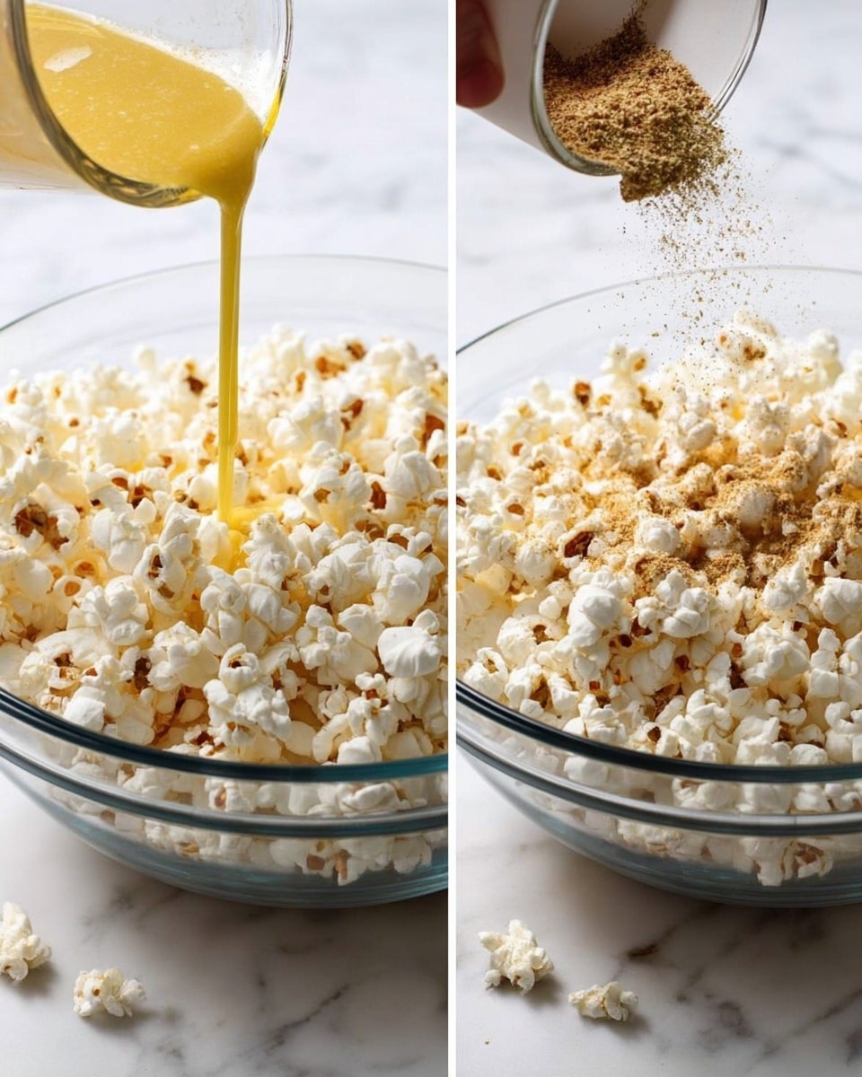 Two images show a clear glass bowl full of white popcorn with light brown toasted spots on a white marbled surface. In the left image, a thick yellow sauce is being poured over the popcorn from above. In the right image, ground light brown seasoning is being sprinkled onto the popcorn from above, with some seasoning falling onto the white marbled surface. Photo taken with an iphone --ar 4:5 --v 7