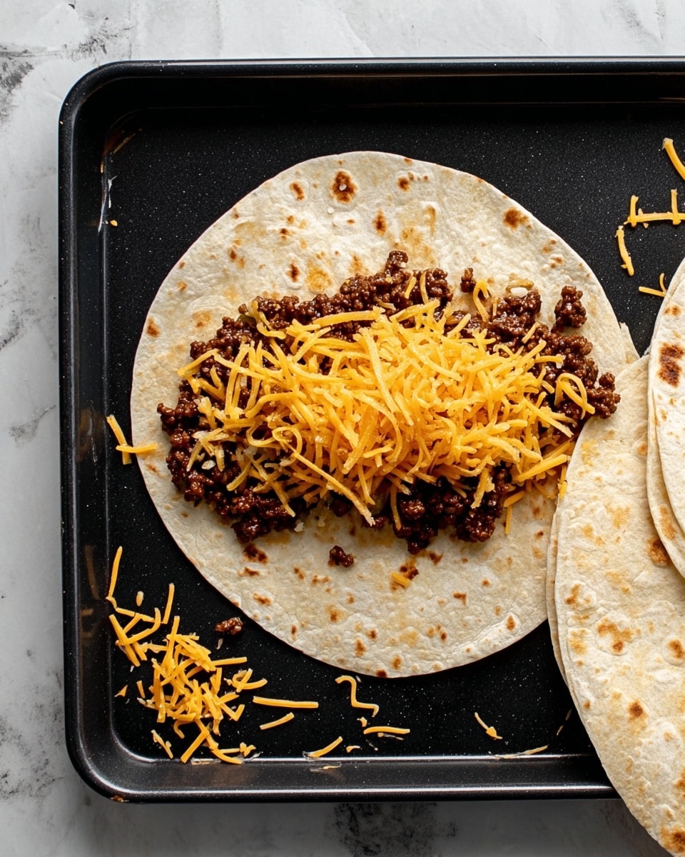 A toasted light brown tortilla lies flat on a black baking tray with slightly raised edges, topped with a layer of dark brown cooked ground beef mixed with small bits of green herbs or vegetables, and finished with a generous sprinkle of bright orange shredded cheddar cheese scattered unevenly on top. Nearby, two folded or stacked tortillas with similar toasted spots rest on the tray, while a few stray shreds of cheddar cheese are scattered around the surface. The background shows a white marbled texture beneath the tray. photo taken with an iphone --ar 4:5 --v 7