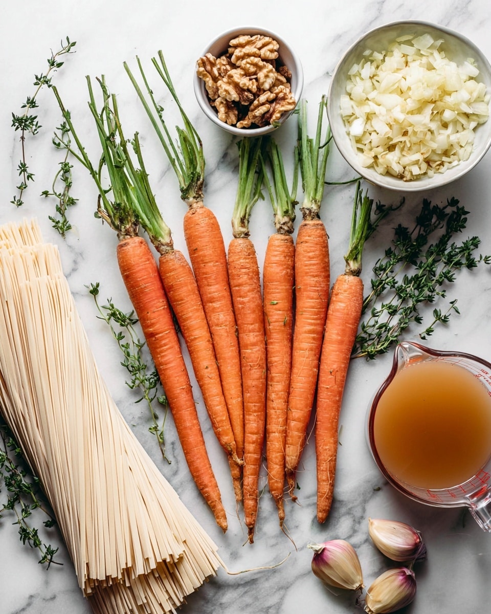 The image shows six fresh orange carrots with green tops lying side by side on a white marbled surface. To the left of the carrots, there are two bunches of light cream-colored noodles spread out flat. Above the noodles, a small white bowl holds pieces of walnuts, and fresh green thyme sprigs are placed around the carrots. To the right of the carrots, there is a white bowl filled with finely chopped onions and shallots, and some garlic cloves are placed beside it. In the bottom right corner, a glass measuring cup contains a light brown broth. photo taken with an iphone --ar 4:5 --v 7
