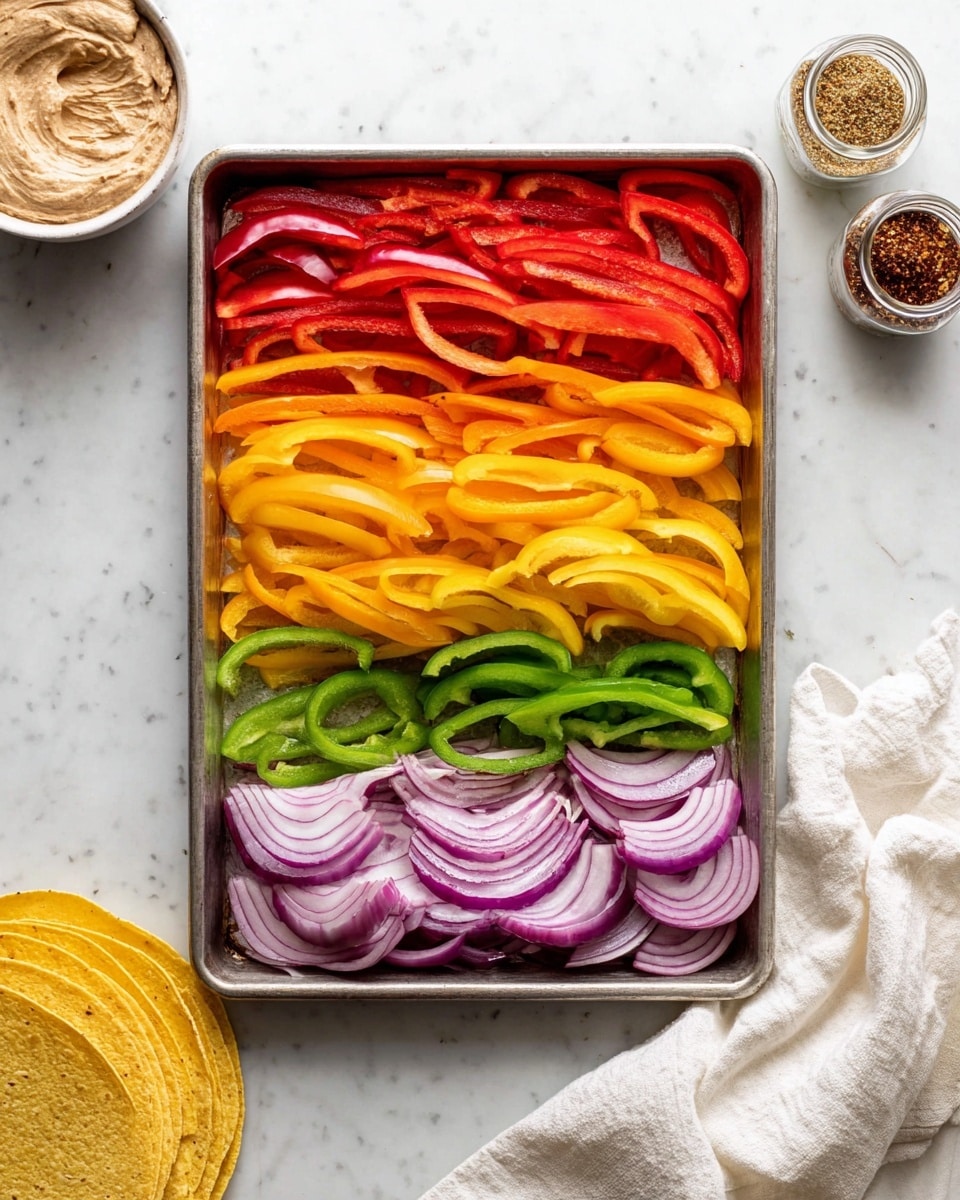 A rectangular metal tray with four layers of sliced vegetables neatly arranged in rows: bright red bell pepper slices at the top, followed by yellow bell pepper slices below, then green bell pepper slices, and finally thinly sliced purple onions at the bottom, all on a white marbled surface. Around the tray, you can see a bowl with a beige paste on the left, a small glass jar with brown spices on the right, and a stack of yellow corn tortillas at the bottom right with a white cloth napkin nearby. Photo taken with an iphone --ar 4:5 --v 7