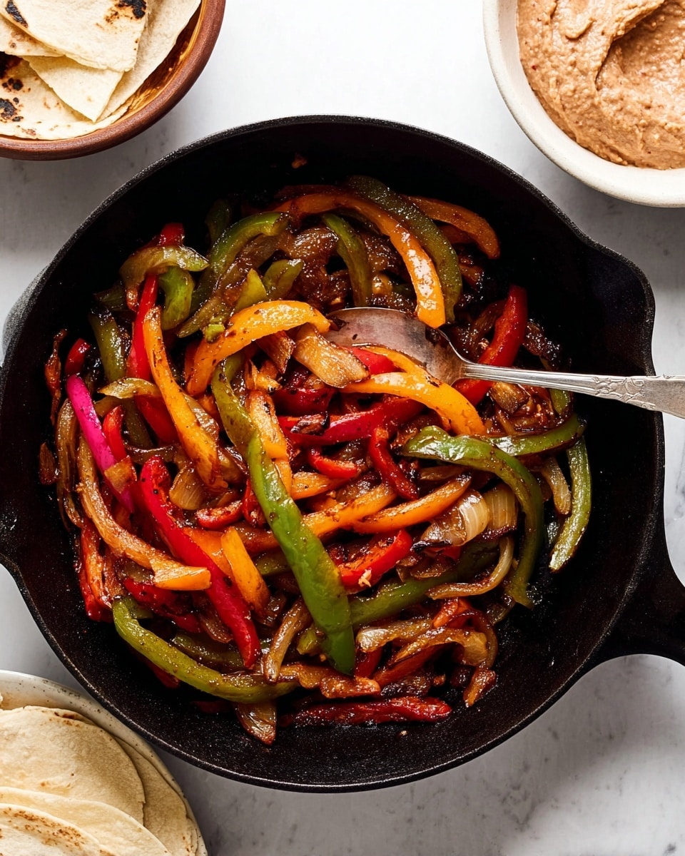 A black cast iron pan filled with cooked mixed bell pepper strips and onions. The vegetables have a shiny, slightly caramelized texture in colors of red, green, yellow, and orange, showing a rich blend of roasted tones. A metal spoon is placed inside the pan, resting among the vegetables. To the right, there is a white bowl with a chunky light brown paste, and below it, part of a white plate with round tortillas is visible. The surface beneath everything is white with a marbled texture. Photo taken with an iphone --ar 4:5 --v 7