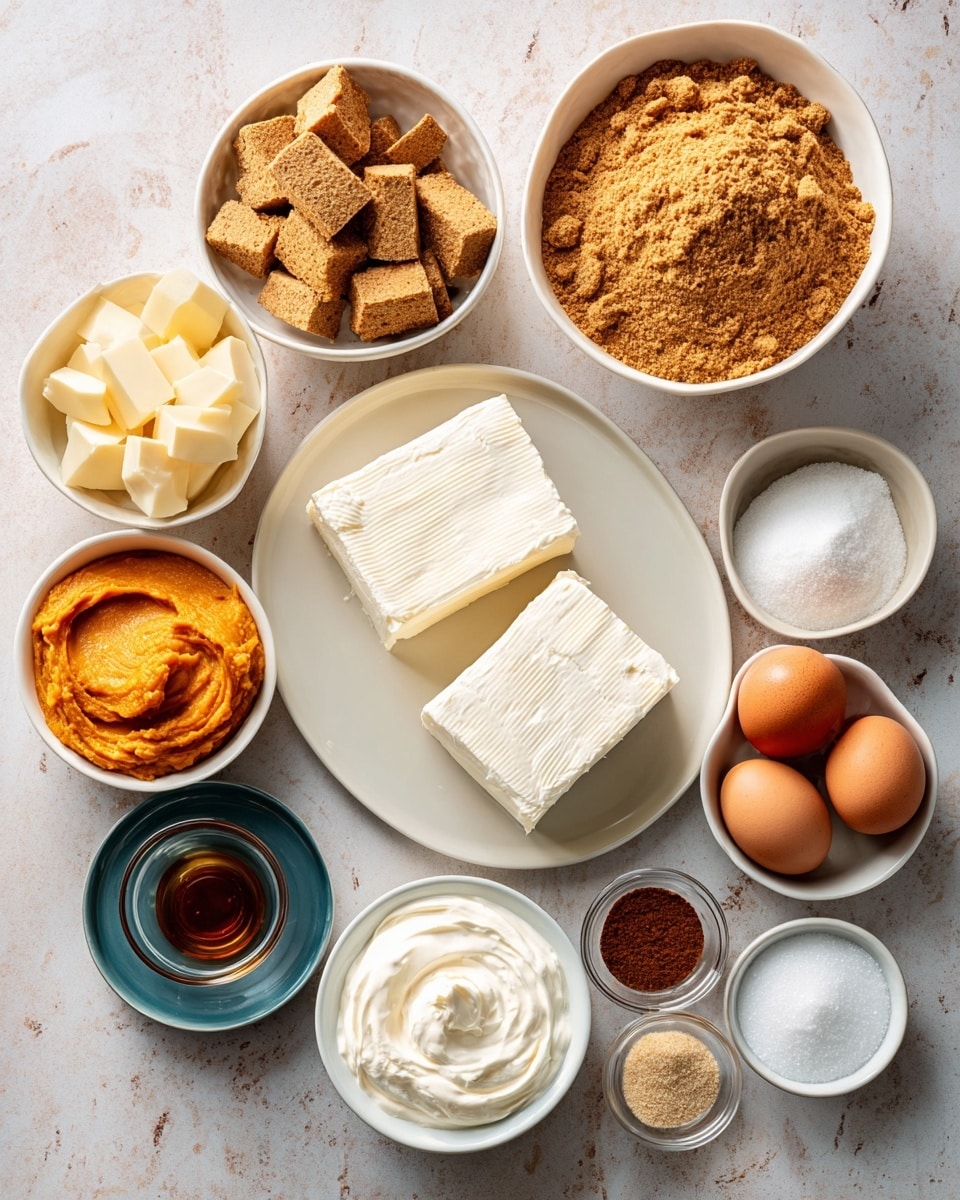 A white plate sits on a white marbled surface holding two blocks of white cream cheese with a smooth, slightly textured surface. Around it are small white bowls holding various ingredients: a bowl with two brown eggs, a small bowl with a dark brown liquid, a bowl with light brown graham cracker crumbs, a bowl with beige butter squares, a bowl with white sour cream, and a clear glass bowl filled with white granulated sugar. There are two small plates containing various ground spices in shades of brown and reddish-brown, and a small bowl with light brown brown sugar. The whole setup is neatly arranged and well-lit. photo taken with an iphone --ar 4:5 --v 7